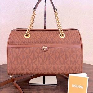 MICHAEL KORS Blaire Medium Duffle Logo Satchel Crossbody in Luggage $428